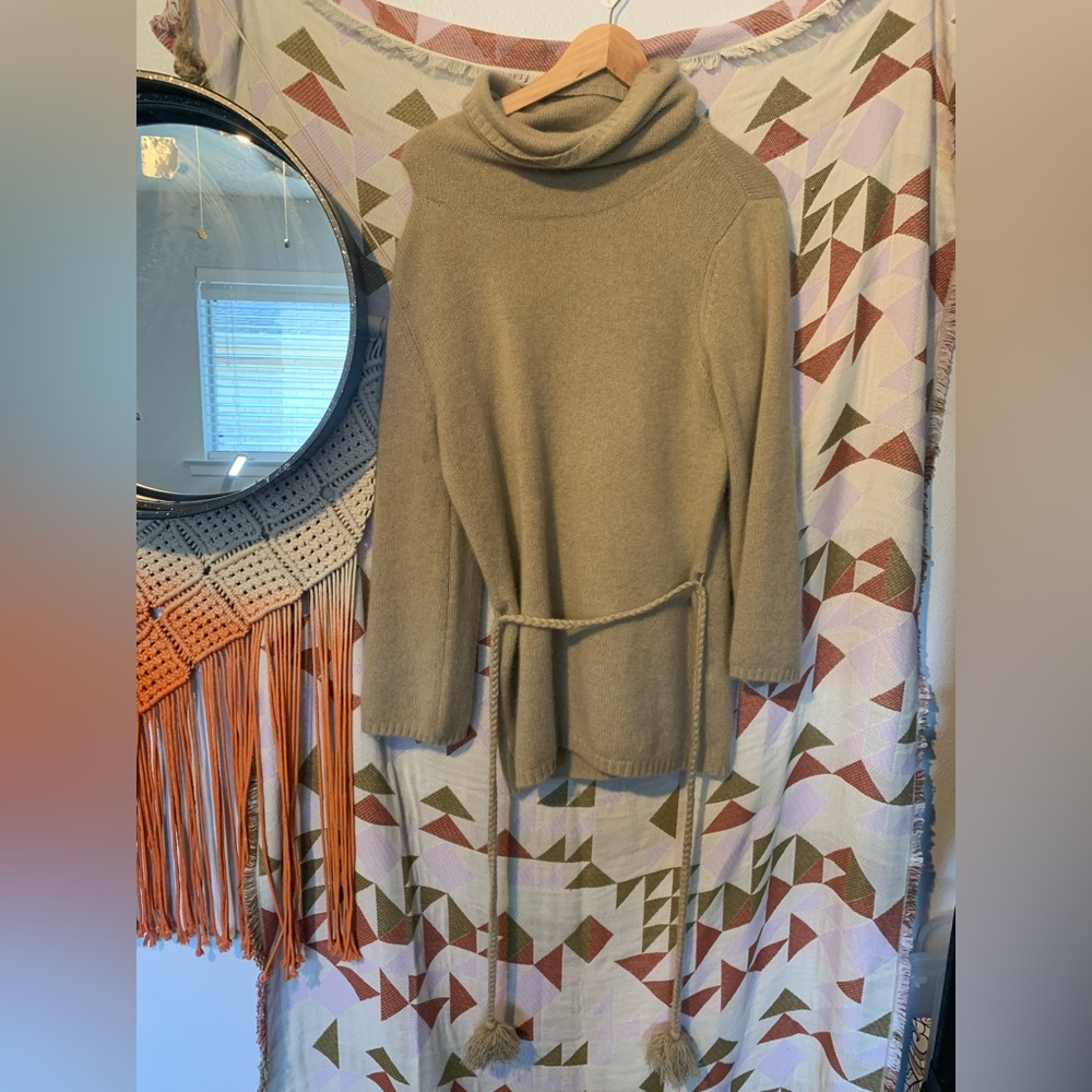 Vintage Talbots Cashmere Sweater Size Medium Tan Tunic Mock Neck Belted Flawed